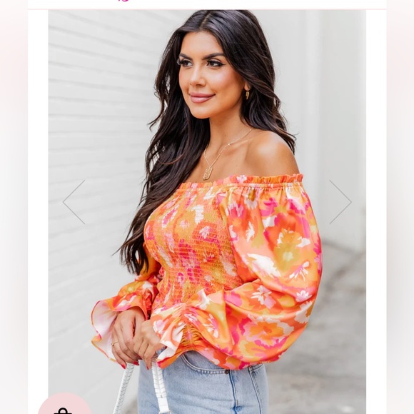 Pink Lily Just A Moment Orange Floral Print Off The Shoulder Blouse - Picture 2 of 11